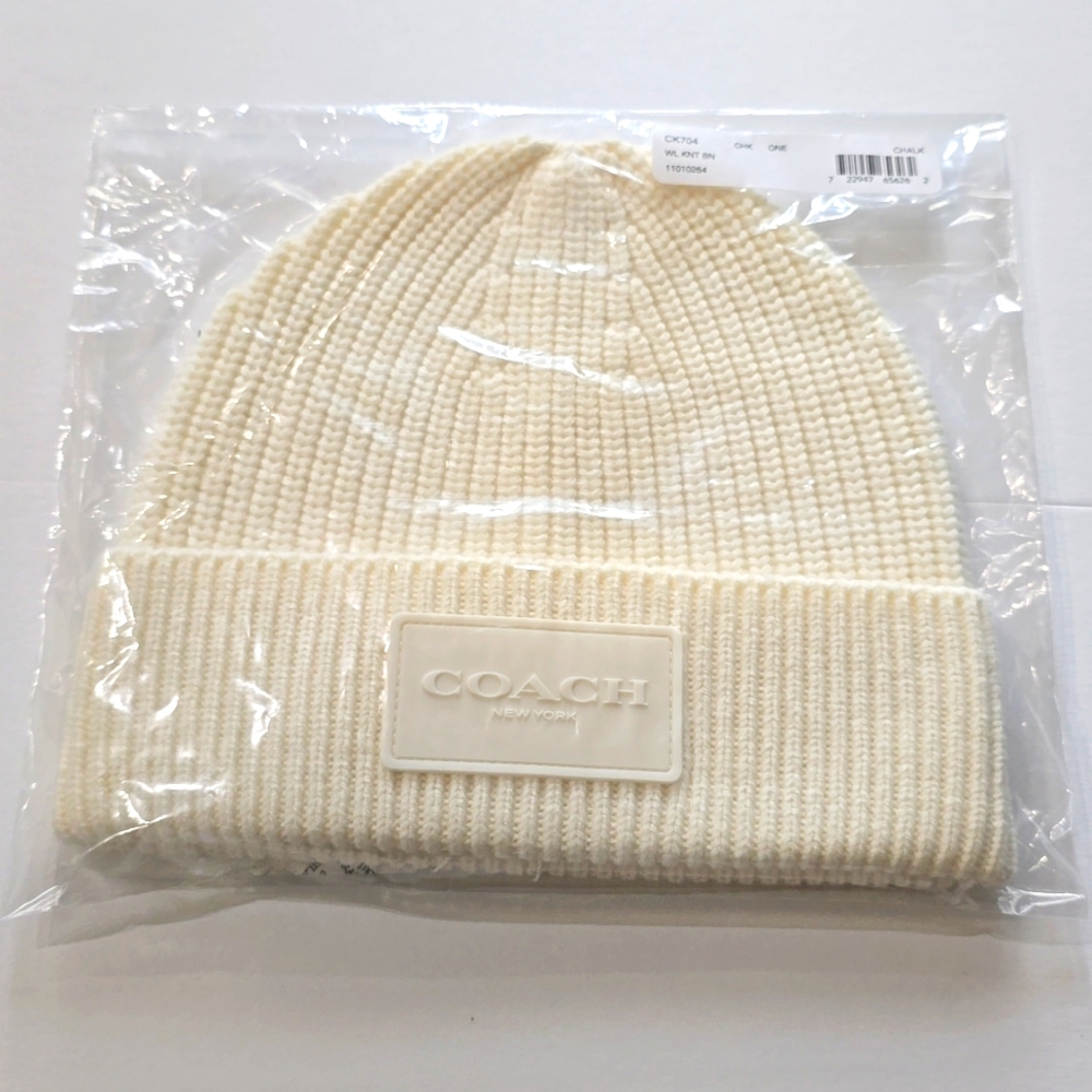 New! Coach Knit Beanie With Rubber Patch Chalk